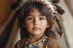 young Native American child dressed in traditional clothing stands proudly in front of tepee illuminated soft evening light showcasing cultural heritage and innocence photo