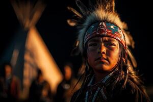 Child expresses pride in traditional attire while standing near tepee. soft evening light enhances atmosphere and cultural significance of moment photo