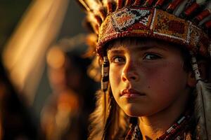 young Native American child showcases traditional attire standing confidently in front of tepee as soft evening light beautifully highlights their features photo