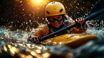 Native American kayaker titanium arm prosthetic expertly navigates turbulent whitewater rapids as sunlight reflects off her gear creating vibrant atmosphere photo