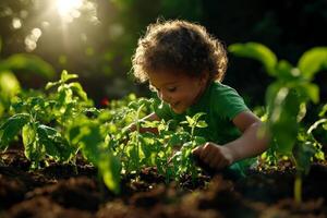 cheerful African American child is enjoying moment while watering plants in backyard garden. soft morning light highlights greenery and child's bright smile photo