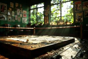 empty boxing ring features torn canvas and frayed ropes surrounded faded posters. Sunlight filters through cracked windows highlighting dust and age in gym's atmosphere photo
