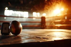 boxing ring stands empty featuring bell and timer placed on corner table. Warm lighting highlights rich shadows echoing sounds of vibrant gym atmosphere inviting future matches photo
