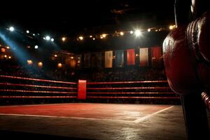 empty boxing ring stands ready for action in brightly lit arena. Banners of past champions adorn walls highlighting rich history and legacy of sport photo