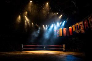 Brightly lit arena features empty boxing ring surrounded banners celebrating past champions. atmosphere evokes strong sense of history and athletic achievement photo