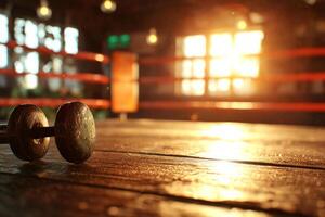 empty boxing ring sits in gym bell and timer on table nearby. Warm lighting casts rich shadows creating serene yet intense atmosphere for training photo
