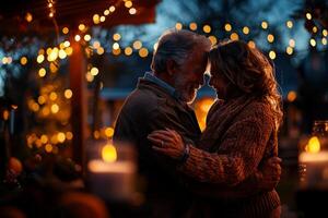 elderly couple dances in their backyard surrounded warm string lights as twilight sets in. soft motion creates dreamy atmosphere enhancing their joyful moment together photo