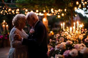 elderly couple enjoys romantic dance in their backyard surrounded soft glowing string lights and blooming flowers during serene evening celebration photo