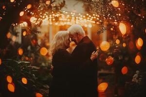 elderly Caucasian couple shares tender moment while dancing warm glow of string lights in their backyard. soft motion blur adds whimsical touch their joyful evening photo