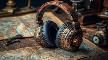 Intricately designed steampunk headphones made of brass gears and leather rest atop vintage wooden table filled antique tools and maps embodying retro futuristic vibe photo