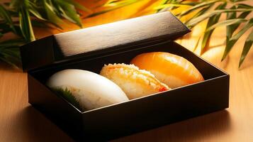 A beautifully arranged sushi box featuring three types of sushi with bamboo leaves in the background photo