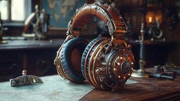 Intricately designed steampunk headphones feature brass gears and glowing tubes resting on wooden table vintage tools and maps showcasing retro futurism in creative workspace photo