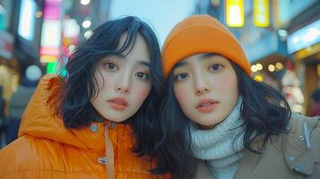 young Asian nonbinary individual walks arm in arm their partner down bustling city street. Vibrant neon signs glow in evening light creating lively atmosphere photo