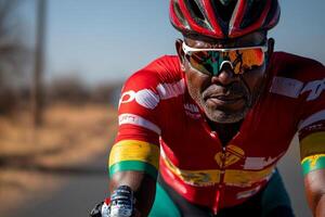 Cycling on desert trail determined African athlete showcases resilience prosthetic arm reflecting sunlight against vibrant surroundings while competing photo