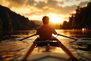 Middle Eastern rower leg prosthetic practices on tranquil lake sunrise. soft light creates beautiful reflections on water enhancing peaceful atmosphere photo