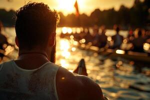 Middle Eastern rower using leg prosthetic practices on calm lake sunrise. Soft light creates reflections on water enhancing tranquil atmosphere as athlete focuses photo