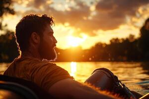 Middle Eastern rower leg prosthetic practices rowing on tranquil lake sunrise. Soft light reflects on water creating peaceful atmosphere photo