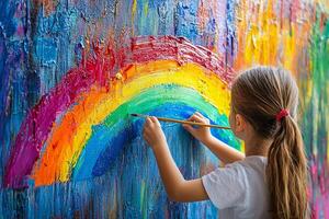 child joyfully paints vibrant rainbow using brush on canvas in outdoor art class. warm sunlight enhances lively colors being used for creative activity photo
