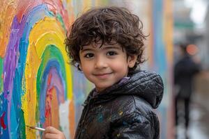 Hispanic child is joyfully painting rainbow on canvas in outdoor art class. scene is filled vibrant colors and sunlight highlighting creativity of moment photo