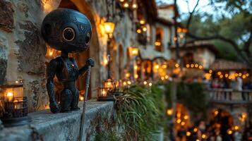robot dressed in tuxedo stands on balcony overlooking lively medieval ball illuminated soft torchlight and candelabras. atmosphere is enchanting and festive photo