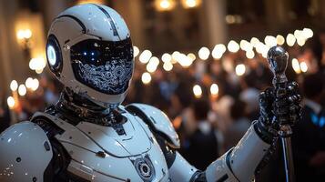 From balcony above robot in tuxedo observes lively medieval ball below surrounded glowing candelabras and flickering torchlight creating stunning atmosphere photo