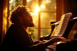 African American child sits piano playing in sunlit room. Sheet music rests on piano stand and warm light creates joyful atmosphere photo