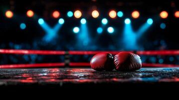 shot captures empty boxing ring from spectator's viewpoint emphasizing vivid red ropes and faint spotlight illuminating center of canvas against dark backdrop photo