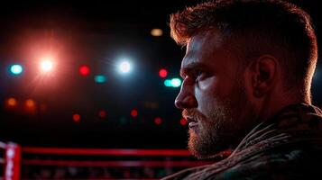 boxer stands outside ring gazing vacant canvas illuminated flickering spotlight. Ropes frame view creating intense and reflective mood in arena photo