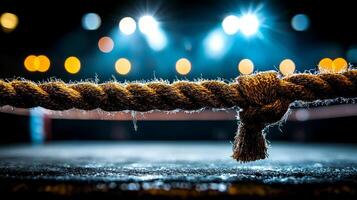 empty boxing ring presents dramatic atmosphere spotlighting illuminating center while ropes stand in sharp focus against dark background. anticipation of event lingers photo