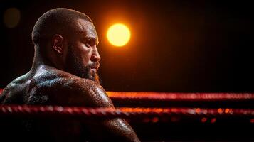 Boxer stands outside ring gazing empty canvas illuminated flickering spotlight while framed ropes evoking gritty and cinematic atmosphere photo