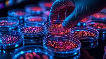 In cutting edge lab scientist in gloves carefully holds petri dish containing glowing stem cell cultures. sterile environment and advanced lighting highlight cellular details photo