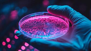 sterile conditions in cutting edge lab scientist holds glowing Petri dish containing stem cell cultures. futuristic lighting showcases cellular details photo