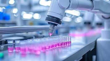 Robotic arms efficiently transfer blood samples precision in modern laboratory. setup highlights advanced technology improving medical analysis and patient care photo