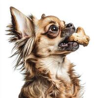 side view captures Chihuahua happily chewing on chew bone showcasing its lively expression and detailed fur against bright white backdrop photo