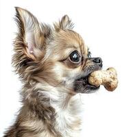 charming Chihuahua is seen enjoying bone showcasing its playful nature and delightful expression while surrounded clean white background creating vibrant contrast photo