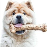fluffy Chow Chow is chewing on large bone while sitting against clean white background. dog's expression shows contentment and enjoyment during playful moment photo