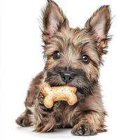 Glen of Imaal Terrier eagerly chews on bone showcasing its lively personality and fluffy texture against clean white background capturing moment of playful joy and engagement photo