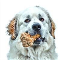 Great Pyrenees is seen in side view happily chewing on large bone against clean white background. Its fluffy fur and expressive eyes showcase its playful and relaxed demeanor photo