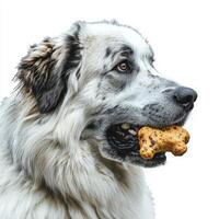 Great Pyrenees poses in profile while enthusiastically chewing on bone. fur is fluffy and white and dog's eyes show focused enjoyment photo