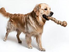 Golden Retriever is happily chewing on large bone while standing on clean white surface. dog's playful attitude is evident as it engages toy photo