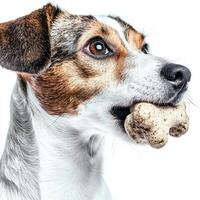 playful Jack Russell Terrier is enjoying chew on bone showcasing its energetic personality. happy dog sits on clean white backdrop making it center of attention photo