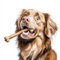 Nova Scotia Duck Tolling Retriever is happily chewing on bone against clean and bright white background showcasing its playful nature and vivid fur colors making moment extra lively photo