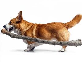 Pembroke Welsh Corgi is actively chewing on large bone while standing on clean white background showcasing its playful nature and joy for simple things in life photo
