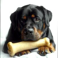 side view captures Rottweiler chewing on bone focused intensity. backdrop is clean white emphasizing dog's features and activity photo