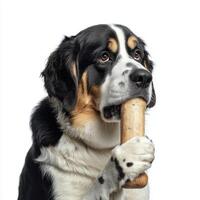 Rafeiro do Alentejo is seen from side intently chewing on large bone. clean white background highlights dog's features and focused demeanor creating striking visual photo