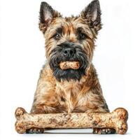 Soft Coated Wheaten Terrier is seen in side view contentedly chewing on bone showcasing its distinct fur and playful demeanor set on clean white background photo