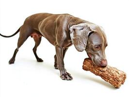 Weimaraner is captured in side view while chewing on sturdy bone. canine appears focused and content as it plays its toy in pristine environment photo