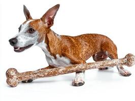 playful Whippet is focused on chewing large bone showcasing its sleek body and attentive expression against bright white backdrop. dog's joy is evident as it engages treat photo
