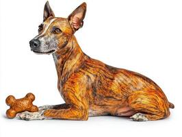 Whippet is captured in side view happily chewing on bone against stark white background photo
