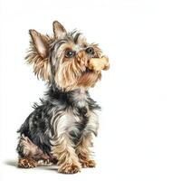 Yorkshire Terrier sits in side view happily chewing on bone against clean white background showcasing its fluffy fur and playful demeanor photo